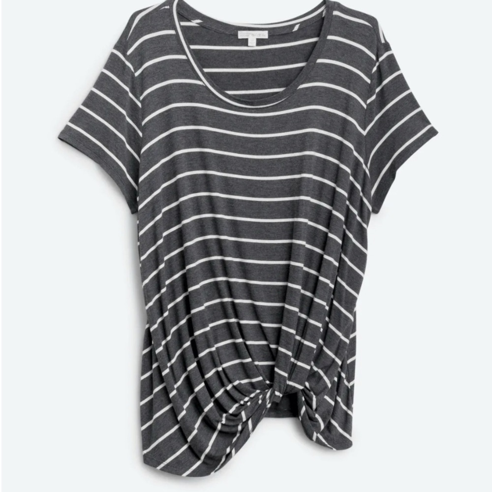 nine britton Charcoal Gray & White Striped Short Sleeve Knot Tee